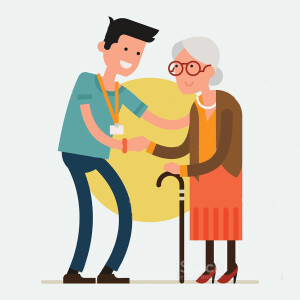 Adult man helping and supporting old aged female