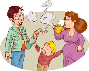 Child s drawing of him and his parents with alcohol and smoking addictions